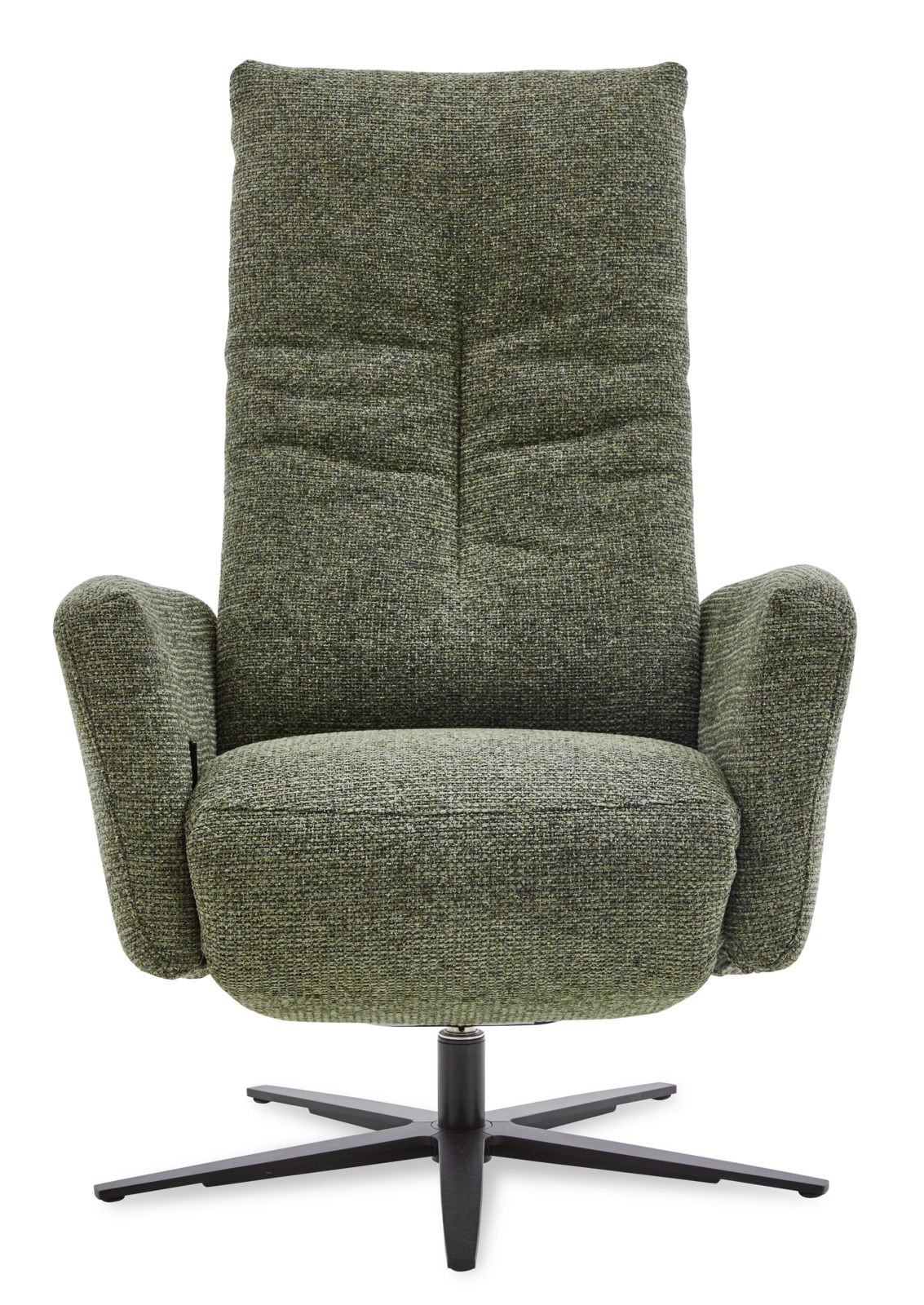 Grüner Relax-Sessel mit hoher Rückenlehne und schwarzem Drehfuß, Frontalansicht