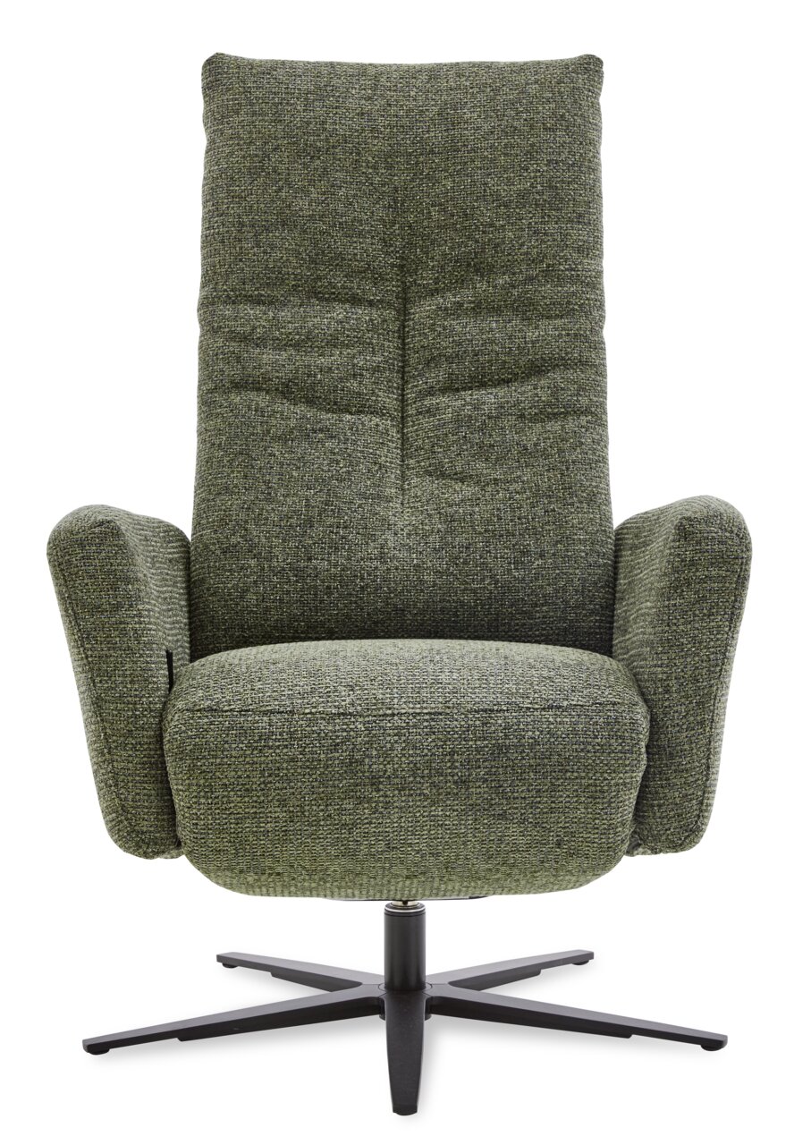 Groene relaxfauteuil met hoge rugleuning en zwarte draaivoet, vooraanzicht