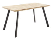 Moderner Esstisch mit heller Holzplatte und schwarzen Metallbeinen, seitliche Perspektive