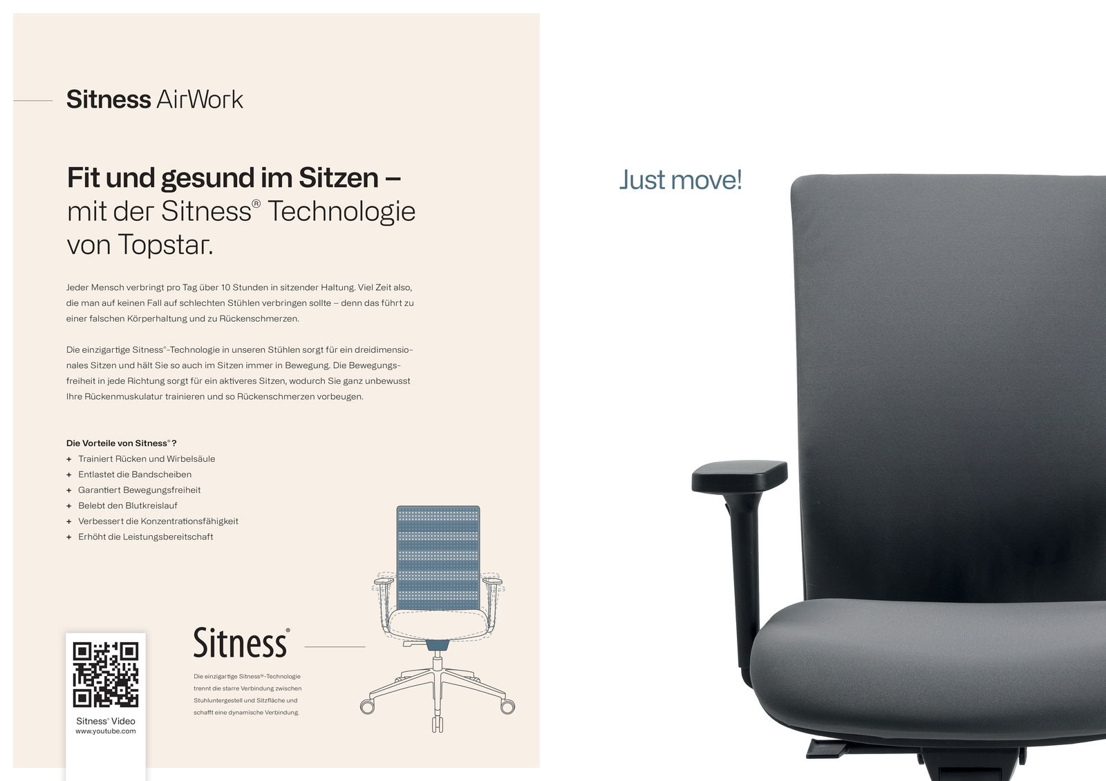 Bürostuhl mit Sitness-Technologie, seitliche Perspektive