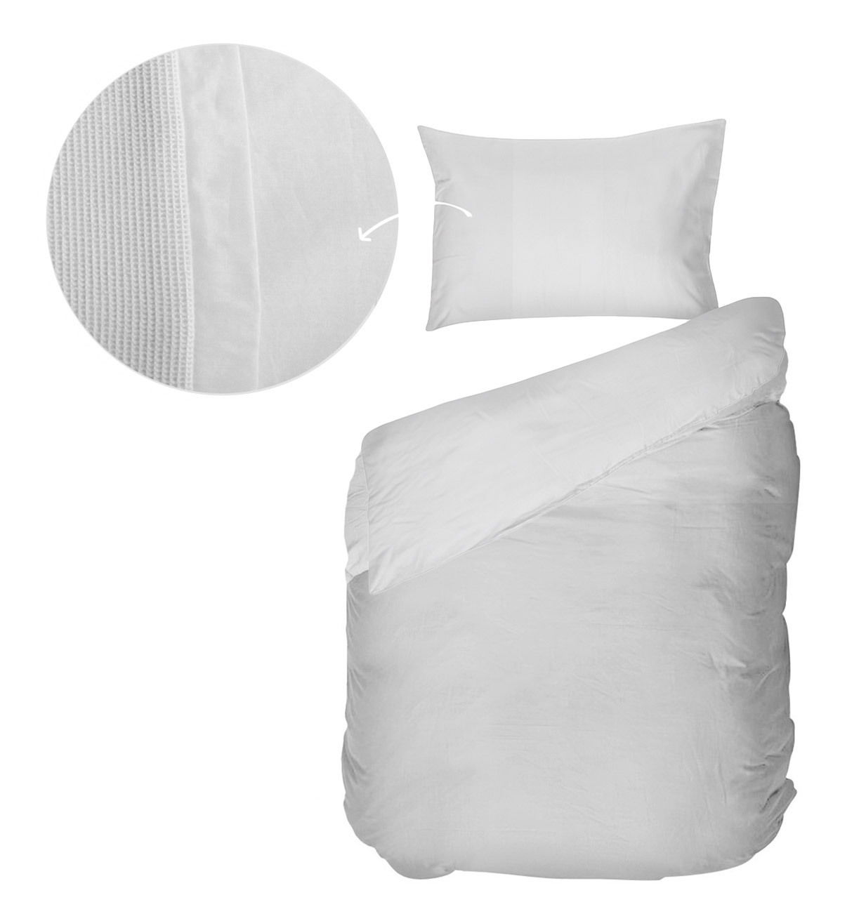 Kayori Bettwäsche ERIMO Bettwäsche-Set 155x220cm in Weiß, bestehend aus einem Kissenbezug und einem Bettdeckenbezug, aus der Vogelperspektive fotografiert. Detailansicht des Stoffmusters inklusive.
