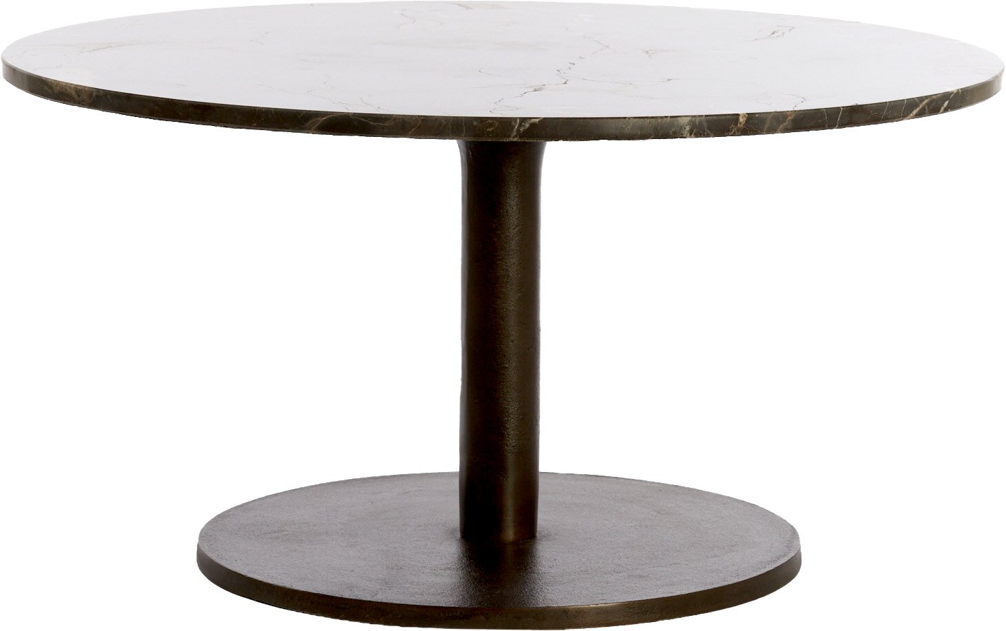 Runder Esstisch mit heller Tischplatte in Marmoroptik und dunklem Metallgestell mit zentraler Säule und rundem Standfuß, frontal aus leicht erhöhter Perspektive