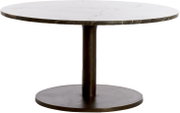 Runder Esstisch mit heller Tischplatte in Marmoroptik und dunklem Metallgestell mit zentraler Säule und rundem Standfuß, frontal aus leicht erhöhter Perspektive