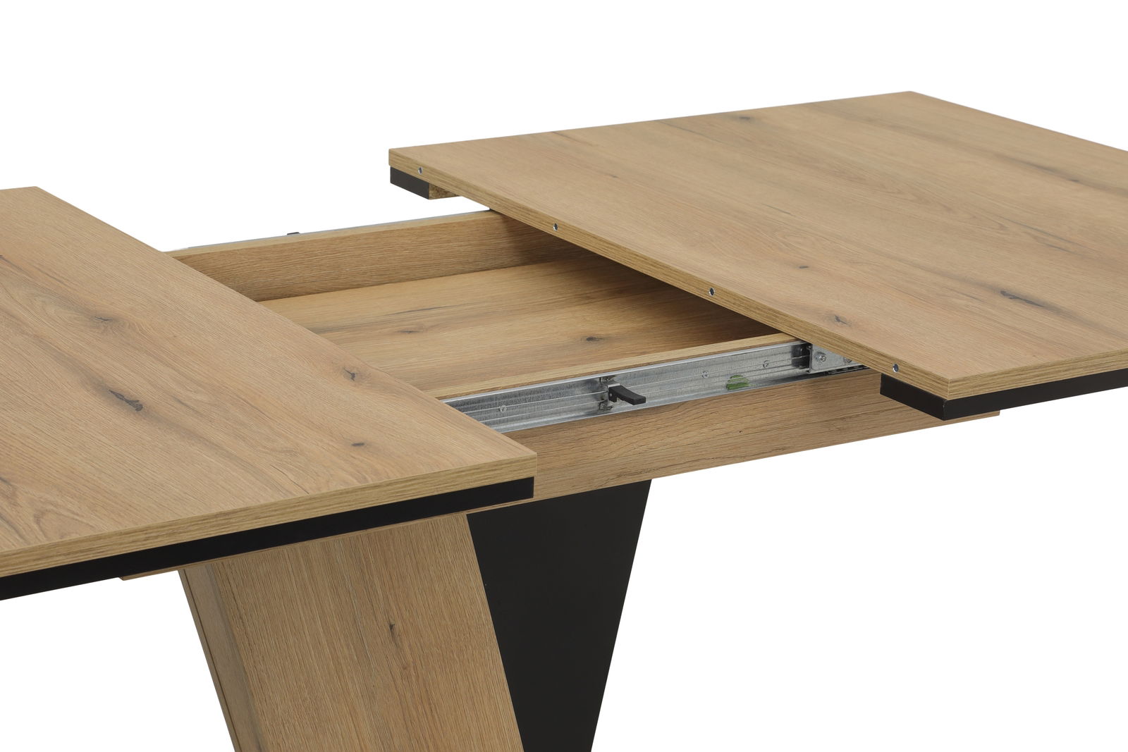 Erweiterbarer Esstisch aus Holz in Nahaufnahme, zeigt die Ausziehmechanik von der Seite.