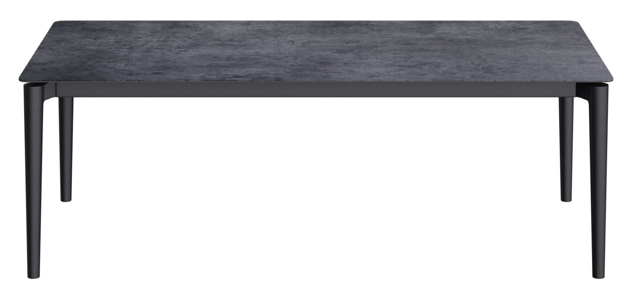 Moderner Loungetisch mit dunkler Tischplatte und schlanken Beinen, Frontalansicht.