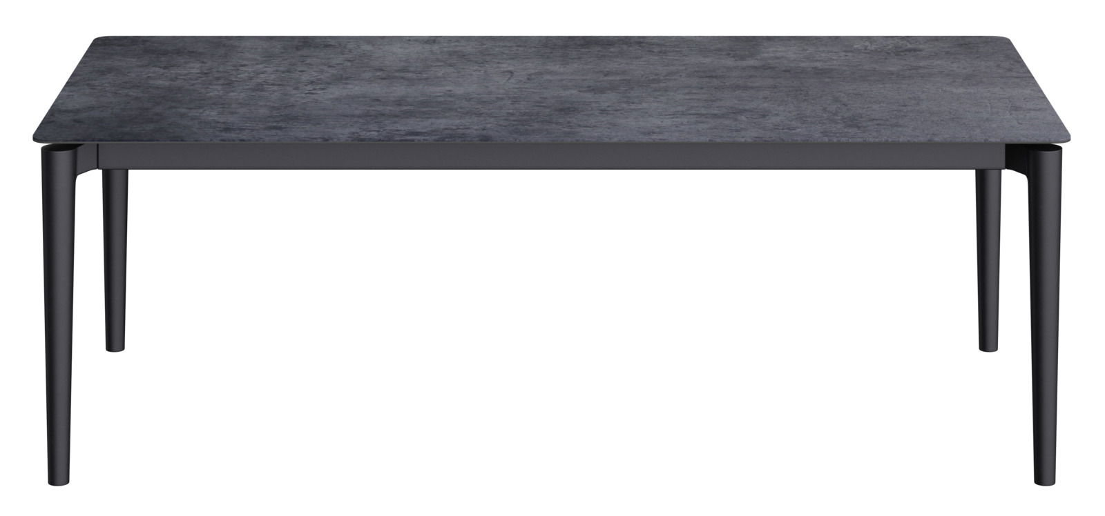 Moderner Loungetisch mit dunkler Tischplatte und schlanken Beinen, Frontalansicht.