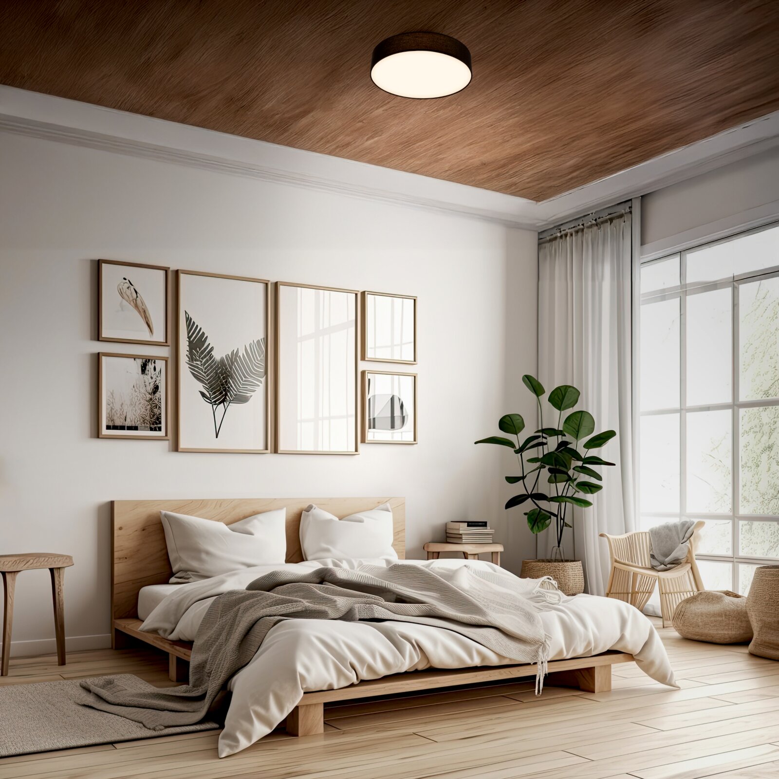 Modernes Schlafzimmer mit niedrigem Holzbett, weißer Bettwäsche und grauer Decke, gerahmten Wandbildern, großer Zimmerpflanze und rundem Deckenlicht; Perspektive: Weitwinkelaufnahme aus Augenhöhe schräg von vorn in den Raum