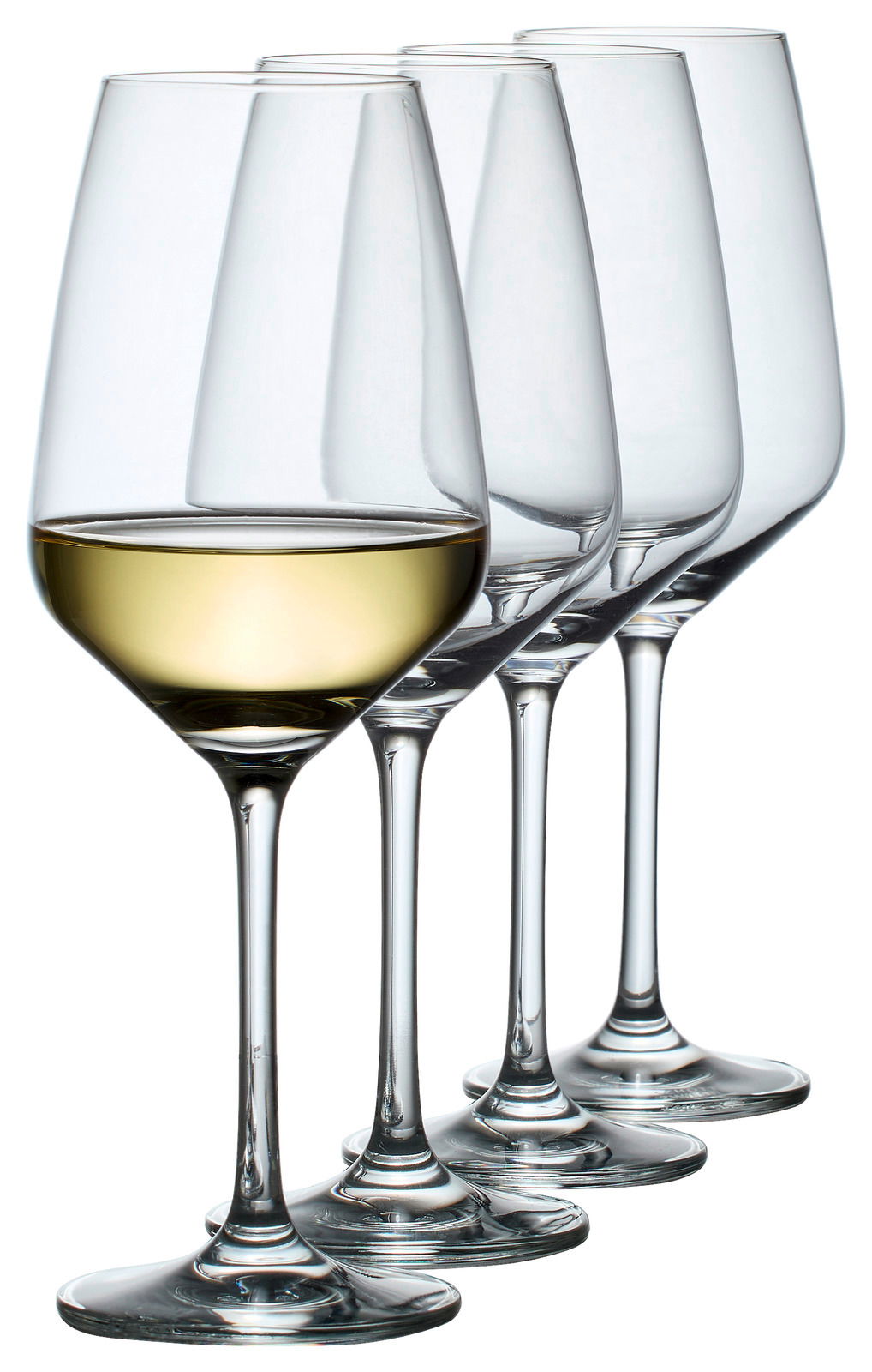 Vier elegante Weingläser in einer Reihe, eines davon mit Weißwein gefüllt, seitliche Perspektive.