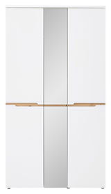 Frontansicht eines weißen XL-Garderobenschranks mit Spiegeltür in der Mitte und Holzgriffen.