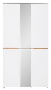 Frontansicht eines weißen XL-Garderobenschranks mit Spiegeltür in der Mitte und Holzgriffen.