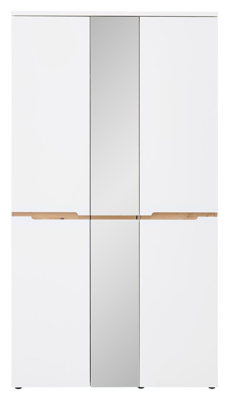 Frontansicht eines weißen XL-Garderobenschranks mit Spiegeltür in der Mitte und Holzgriffen.