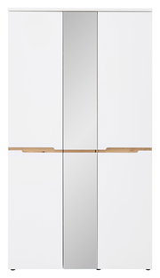 Frontansicht eines weißen XL-Garderobenschranks mit Spiegeltür in der Mitte und Holzgriffen.