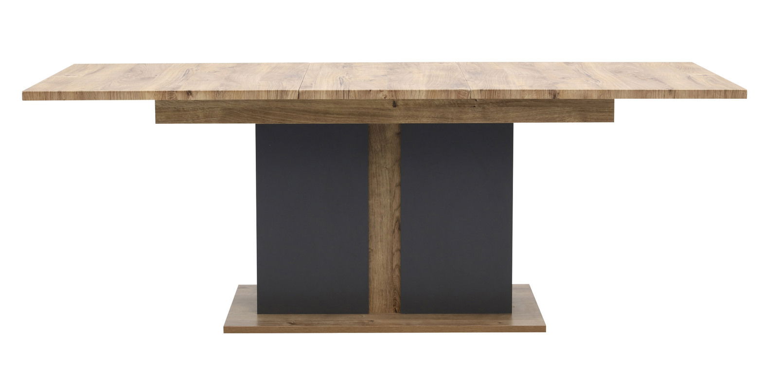 Moderner Esstisch aus Holz mit rechteckiger Tischplatte und zentralem Sockel, Frontalansicht.