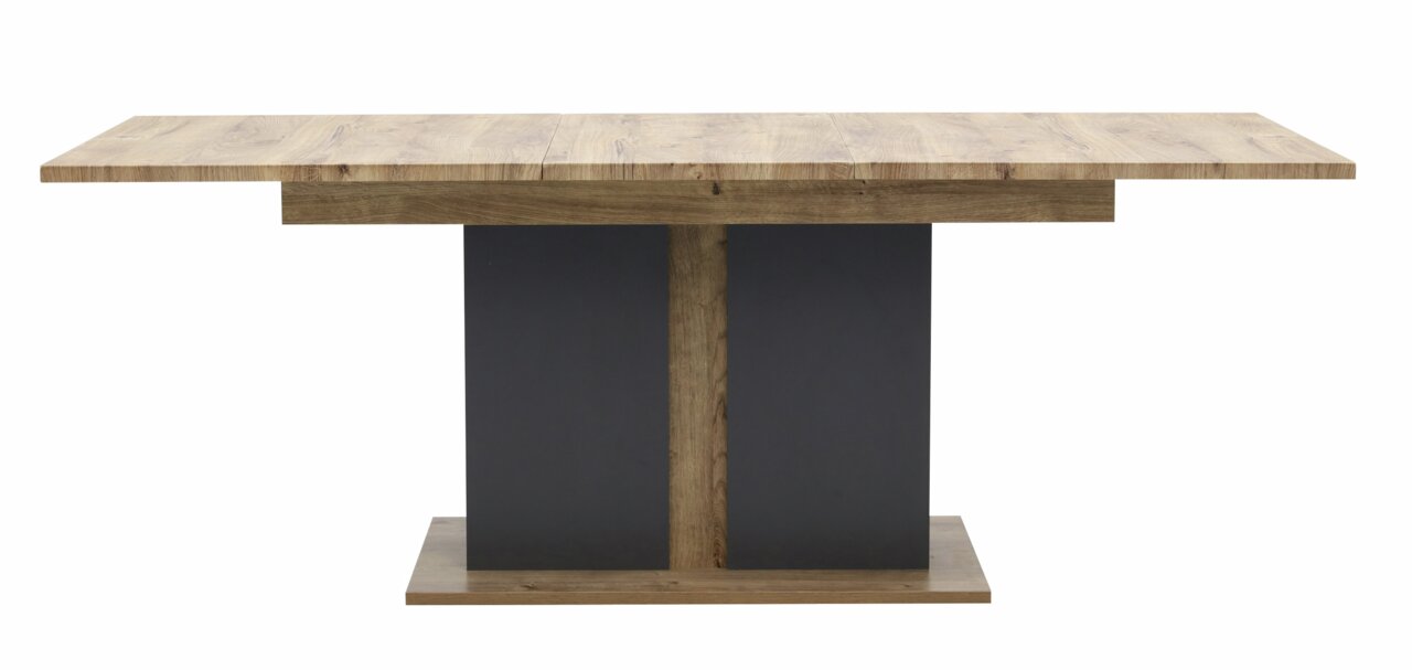 Moderne houten eettafel met rechthoekig tafelblad en centrale voet, gezien van voren.
