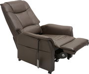 Bequemer brauner Fernsehsessel mit verstellbarer Rückenlehne und Fußstütze, seitliche Perspektive