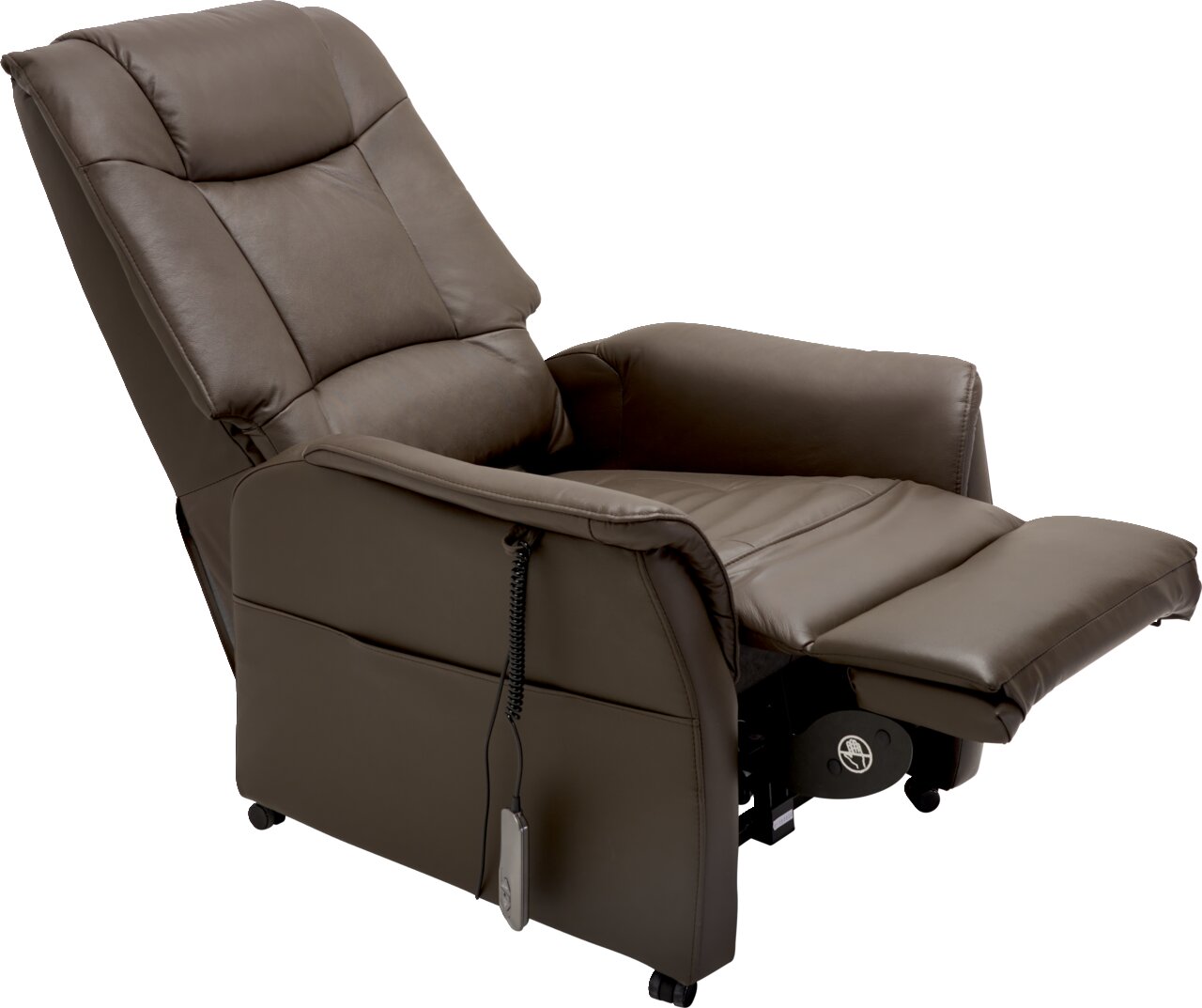 Bequemer brauner Fernsehsessel mit verstellbarer Rückenlehne und Fußstütze, seitliche Perspektive