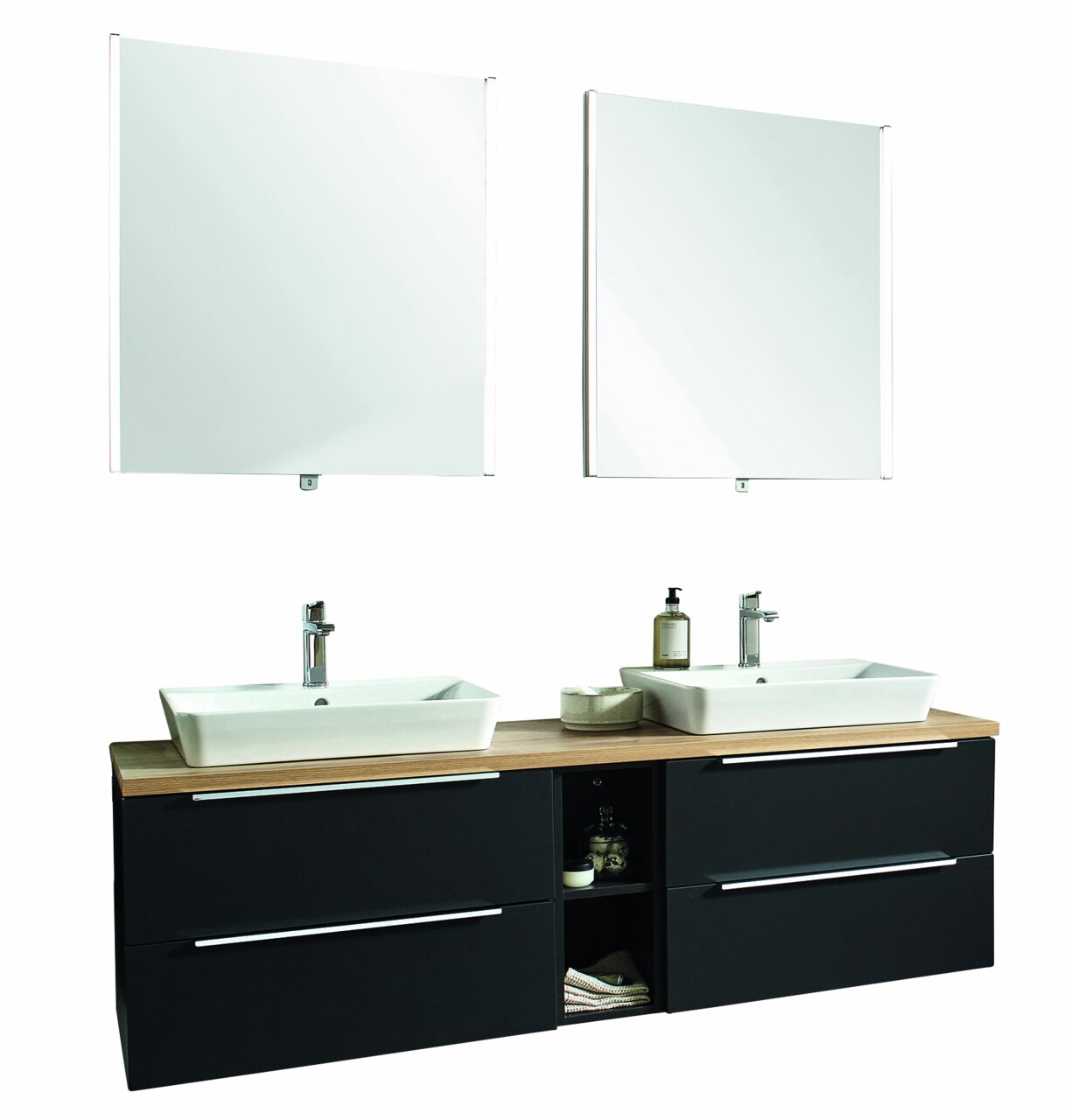 Novel Badkombination NV.021 Moderne Badkombination mit zwei Waschbecken, zwei Spiegeln und Stauraum, frontal betrachtet.