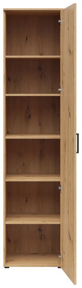 Mehrzweckschrank aus Holz mit geöffneter Tür, fünf Regalböden sichtbar, Frontalansicht