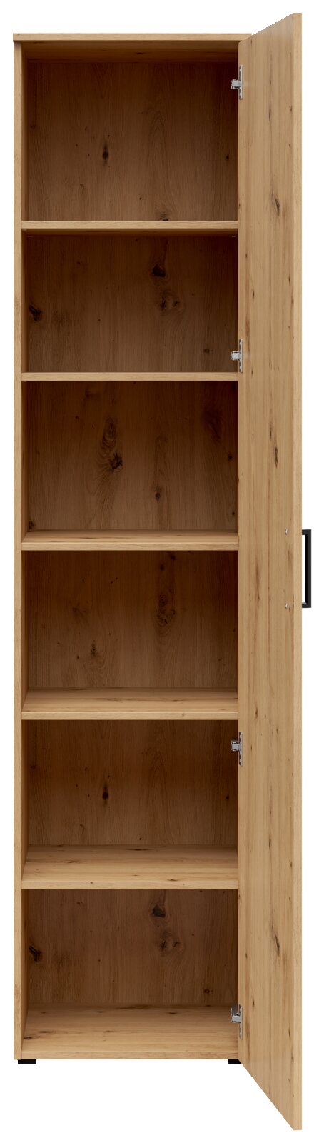 Multifunctionele houten kast met open deur, vijf zichtbare planken, vooraanzicht