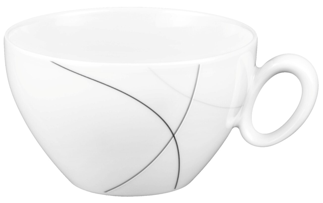 Weiße Milchkaffeetasse mit elegantem, geschwungenem Linienmuster, seitliche Perspektive