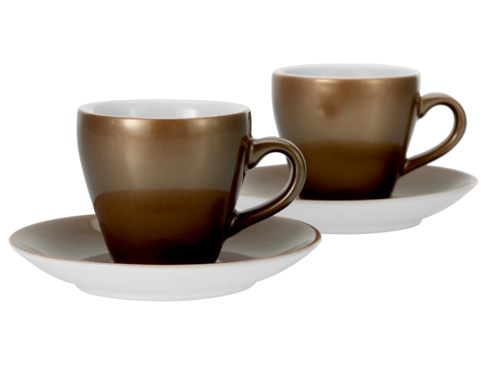 Creatable Espressoset 4-tlg GOLDEN DAYS Zwei braun-goldene Keramik-Kaffeetassen mit Henkel auf weißen Untertassen, freigestellt vor weißem Hintergrund, in leicht schräger Vorderansicht
