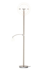 Moderner LED-Deckenfluter mit kreisförmigem Design, seitlicher Leselampe und silbernem Standfuß, frontal abgebildet.