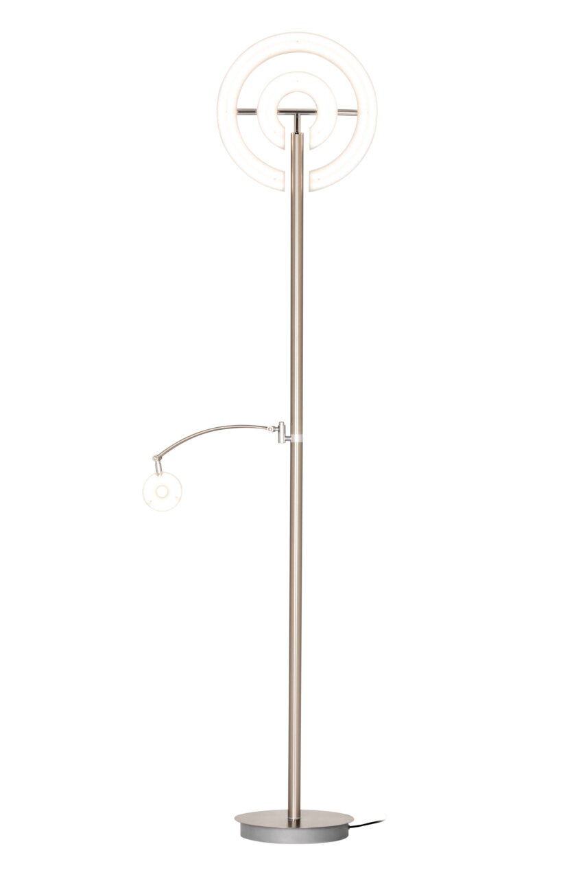 Moderner LED-Deckenfluter mit kreisförmigem Design, seitlicher Leselampe und silbernem Standfuß, frontal abgebildet.