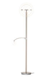 Moderner LED-Deckenfluter mit kreisförmigem Design, seitlicher Leselampe und silbernem Standfuß, frontal abgebildet.