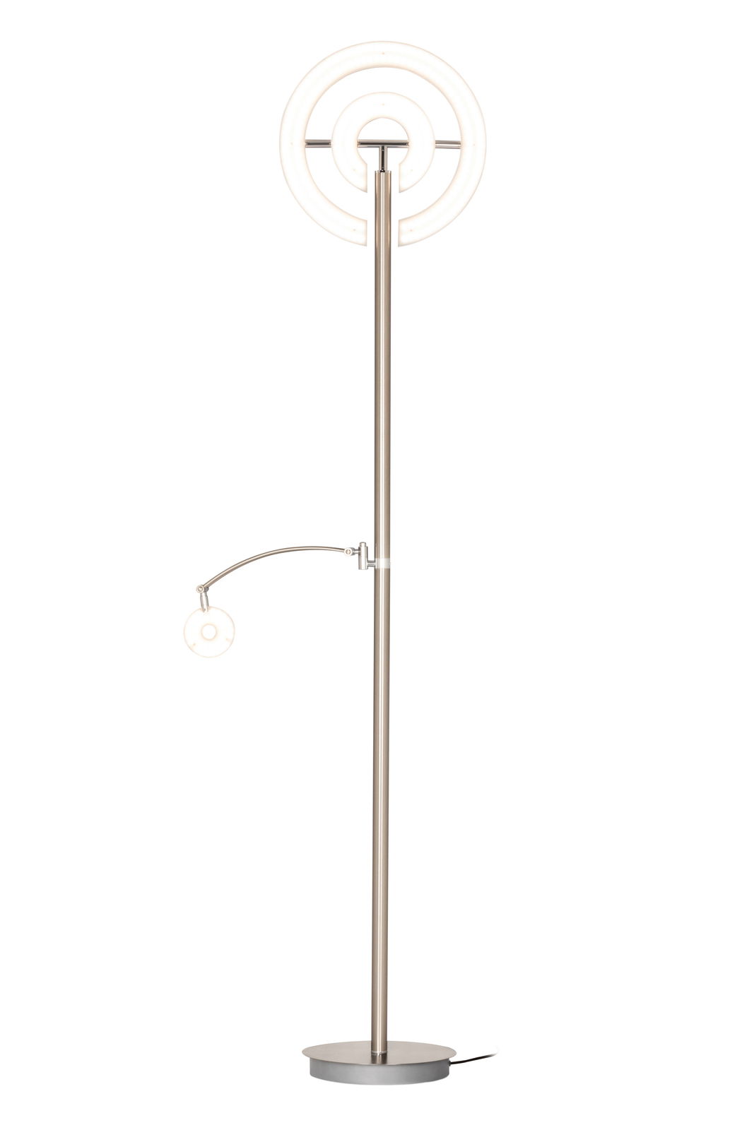 Moderner LED-Deckenfluter mit kreisförmigem Design, seitlicher Leselampe und silbernem Standfuß, frontal abgebildet.