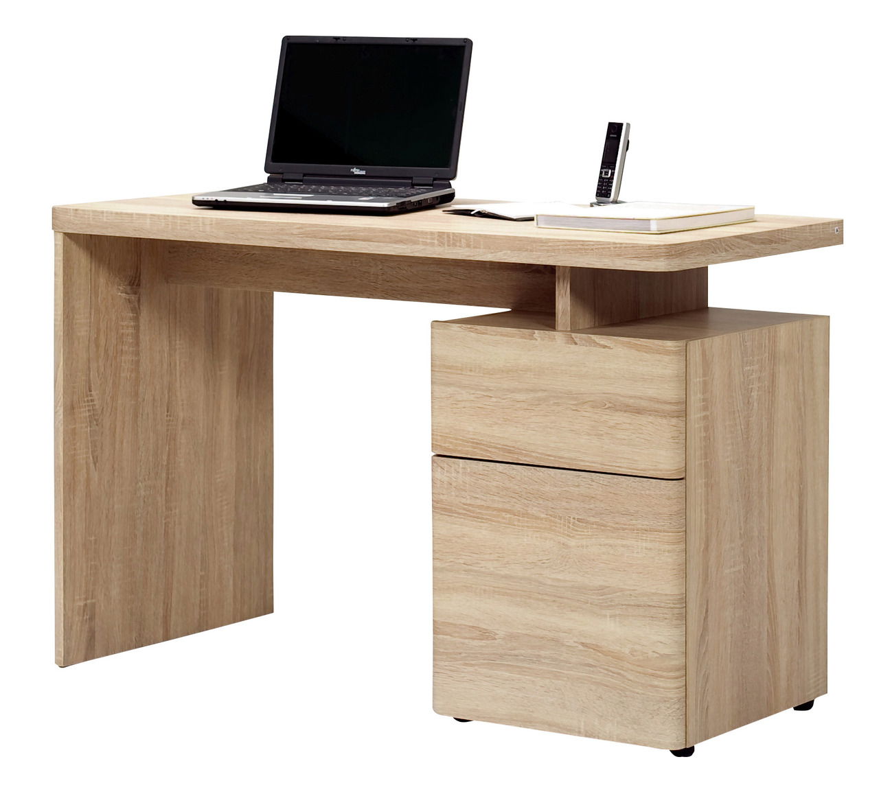 Moderner Schreibtisch aus Holz mit Laptop und Büchern, seitliche Perspektive