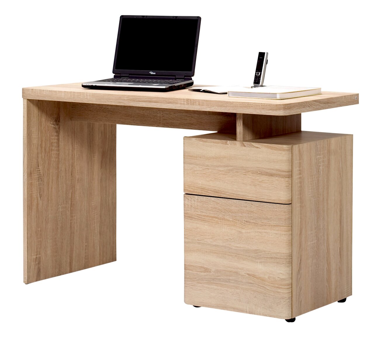 Modern houten bureau met laptop en boeken, zijaanzicht