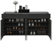 Schwarzer XXL-Schuhschrank H92 mit offenen Türen, gefüllt mit verschiedenen Schuhen und Accessoires, aus der Frontalperspektive.