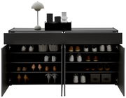 Schwarzer XXL-Schuhschrank H92 mit offenen Türen, gefüllt mit verschiedenen Schuhen und Accessoires, aus der Frontalperspektive.