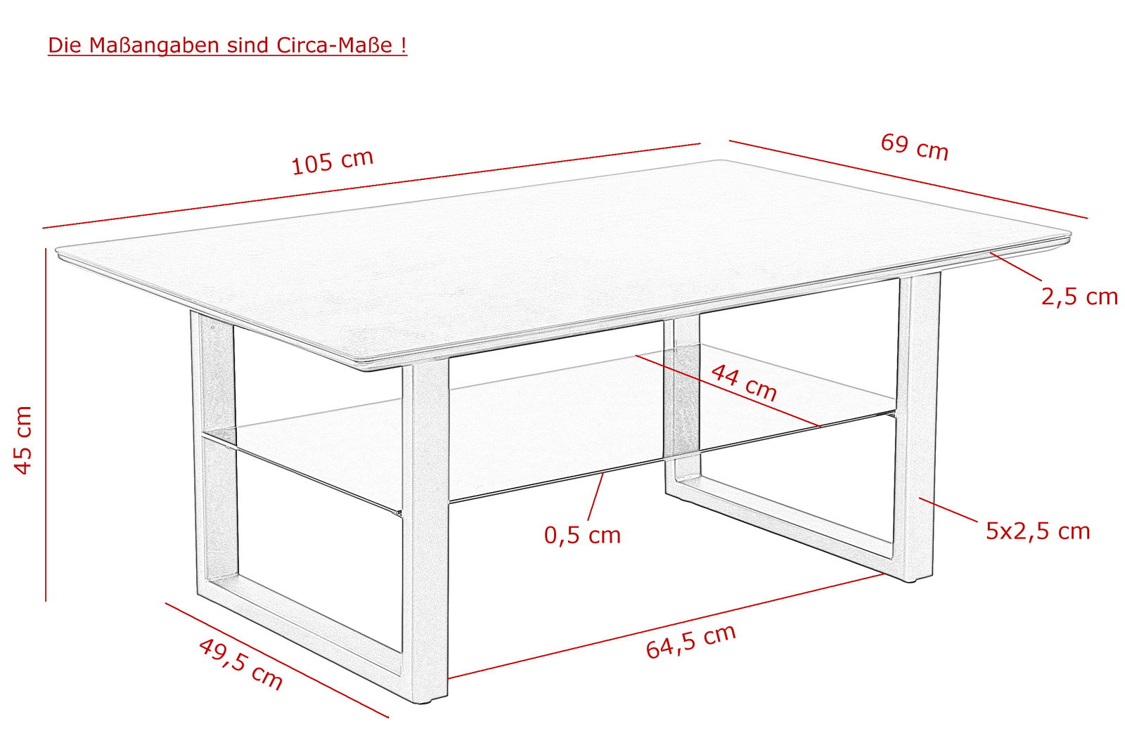 Z2 Couchtisch ARNE Skizze eines rechteckigen Couchtisches mit den Maßen 105 cm Länge, 69 cm Breite und 45 cm Höhe, seitliche Perspektive.