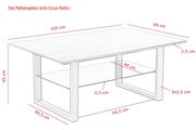 Skizze eines rechteckigen Couchtisches mit den Maßen 105 cm Länge, 69 cm Breite und 45 cm Höhe, seitliche Perspektive.