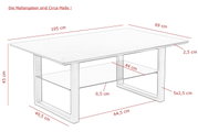 Skizze eines rechteckigen Couchtisches mit den Maßen 105 cm Länge, 69 cm Breite und 45 cm Höhe, seitliche Perspektive.
