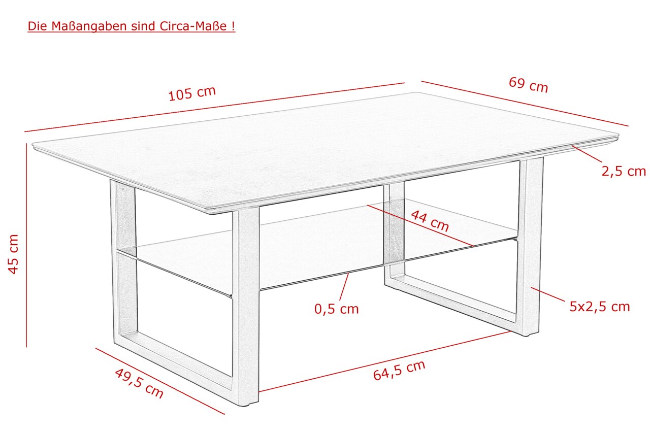 Skizze eines rechteckigen Couchtisches mit den Maßen 105 cm Länge, 69 cm Breite und 45 cm Höhe, seitliche Perspektive.
