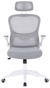 Grauer Drehstuhl mit Kopfstütze und Armlehnen, Vorderansicht