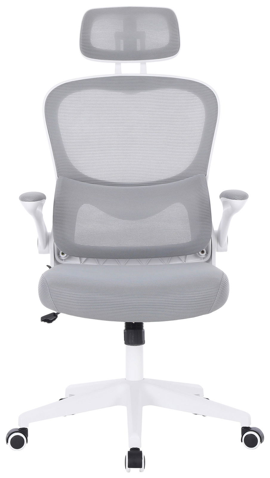 Grauer Drehstuhl mit Kopfstütze und Armlehnen, Vorderansicht