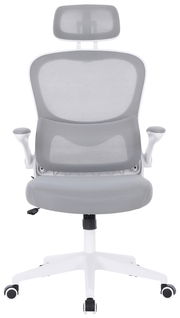 Grauer Drehstuhl mit Kopfstütze und Armlehnen, Vorderansicht