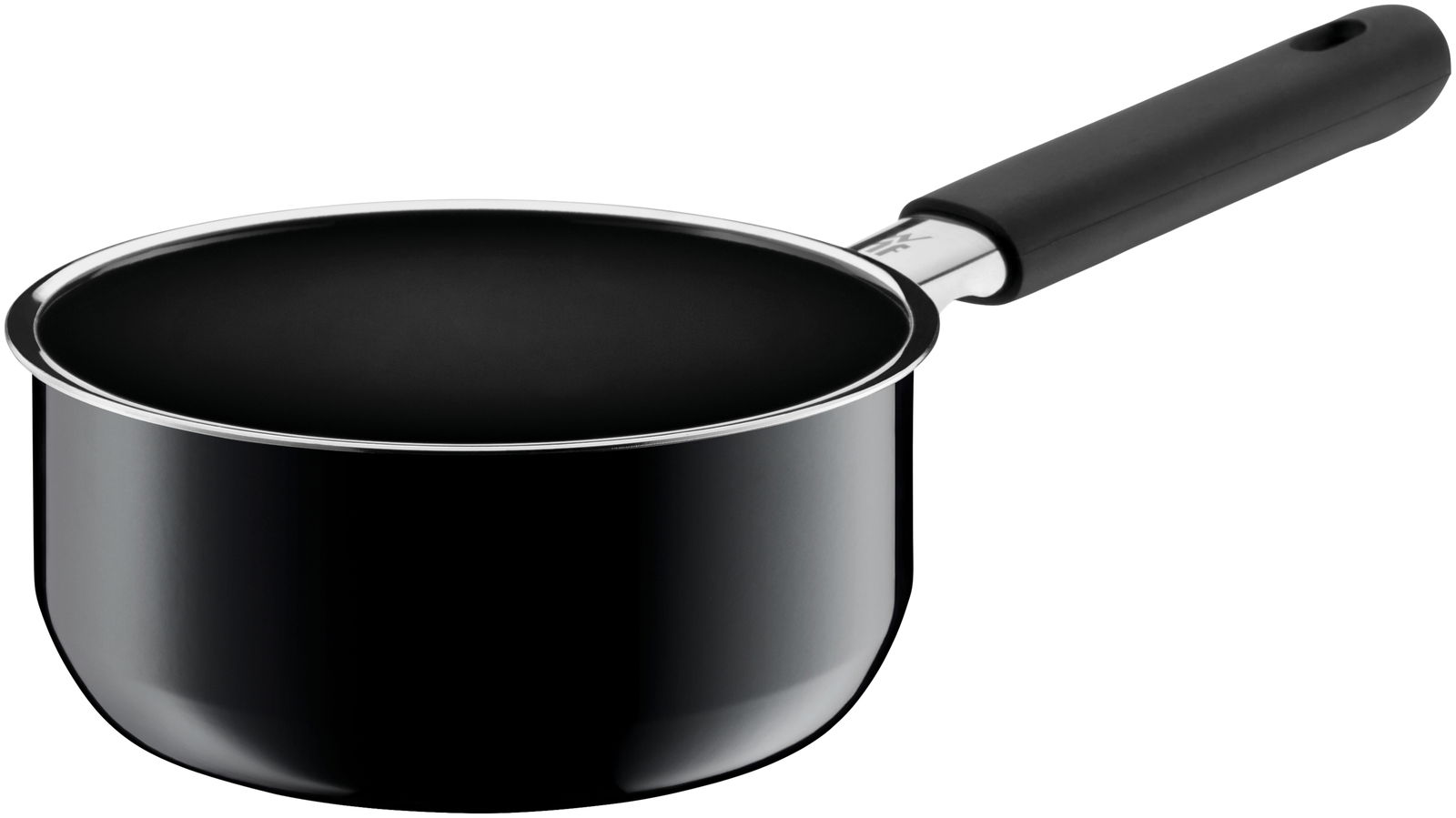 Schwarzer Kochtopf mit langem Griff, seitliche Perspektive