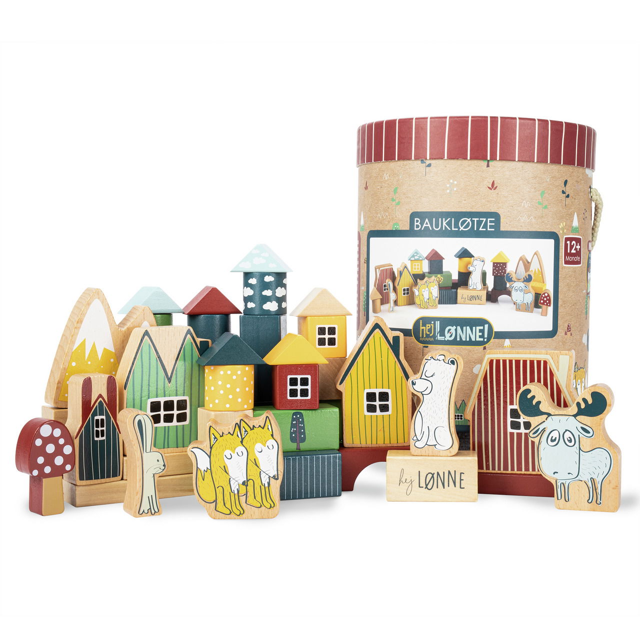 Bauklötze-Set mit 52 Teilen, darunter bunte Häuser, Tiere und Bäume, in einer dekorativen Verpackung. Frontalansicht.