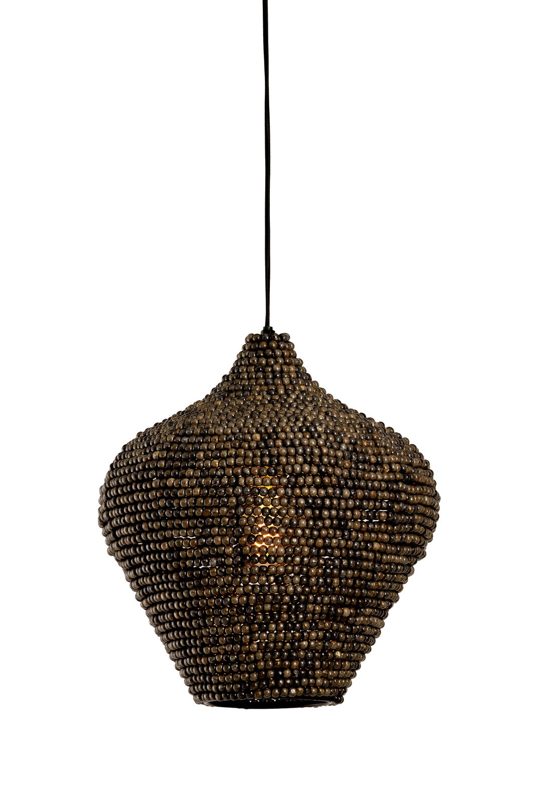 Hängeleuchte aus dunklen Perlen, seitliche Perspektive