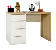 Moderner Schreibtisch in Eiche-Optik mit weißem Schubladencontainer (4 Schubladen), freigestellt auf weißem Hintergrund, Perspektive: frontale leicht schräge Ansicht von links; auf der Tischplatte Laptop, Kopfhörerständer, Schreibtischlampe und roter Klap