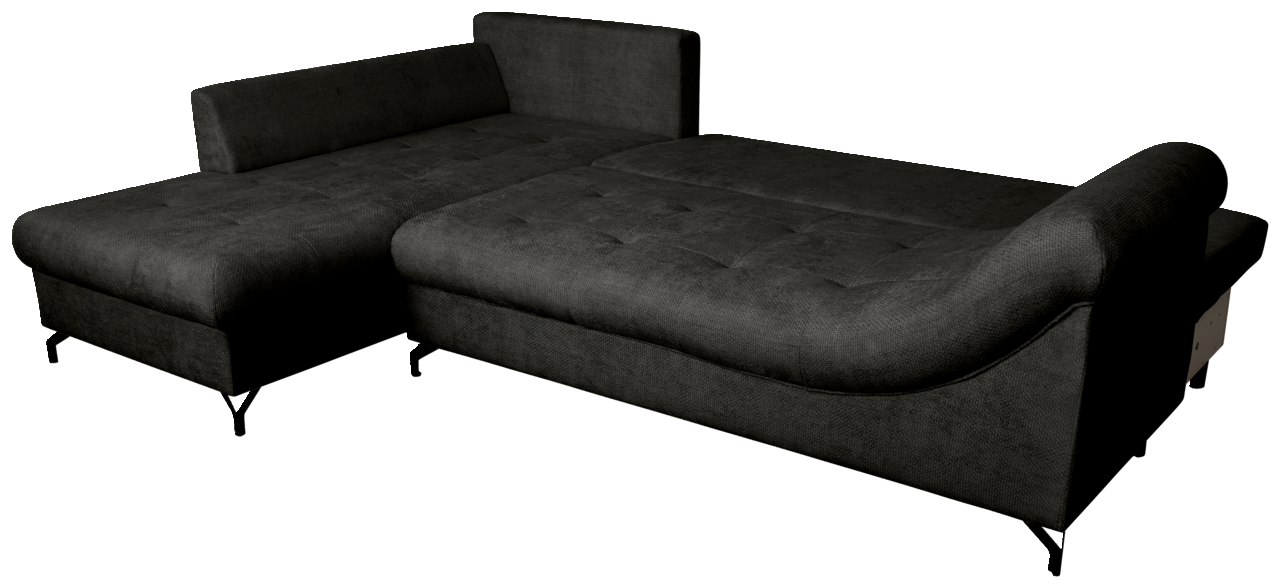 Dunkelgraue Ecksofa mit Ottomane links, moderne Metallfüße, seitliche Perspektive