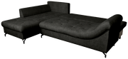 Dunkelgraue Ecksofa mit Ottomane links, moderne Metallfüße, seitliche Perspektive