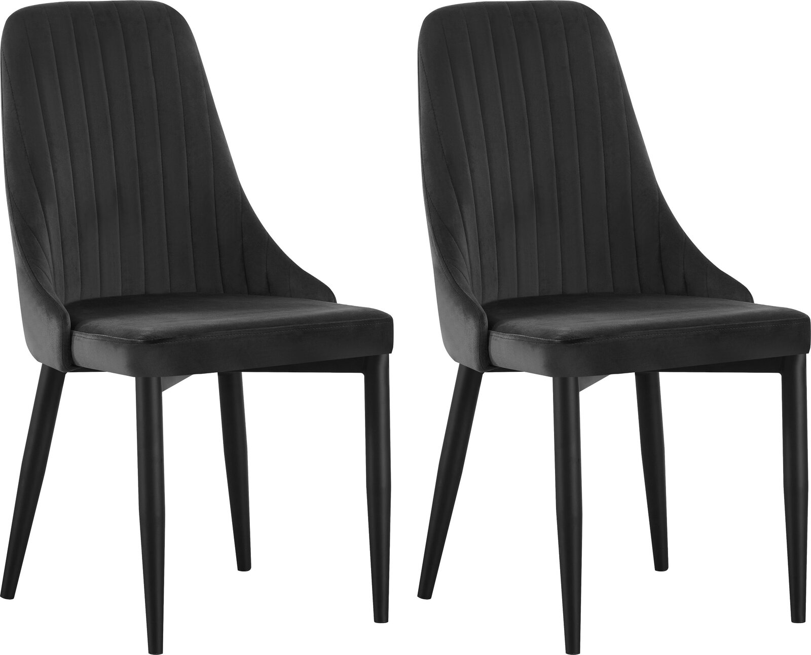 Zwei dunkelgraue Polster-Esszimmerstühle mit hoher, vertikal gesteppten Rückenlehne und schwarzen, konischen Beinen, freigestellt in frontaler Ansicht mit leichter Seitenperspektive.