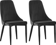 Zwei dunkelgraue Polster-Esszimmerstühle mit hoher, vertikal gesteppten Rückenlehne und schwarzen, konischen Beinen, freigestellt in frontaler Ansicht mit leichter Seitenperspektive.
