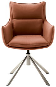 Moderner Sessel in rostbrauner Farbe mit gepolstertem Sitz und Rückenlehne, auf einem stabilen Metallgestell mit vier Beinen. Frontalansicht.