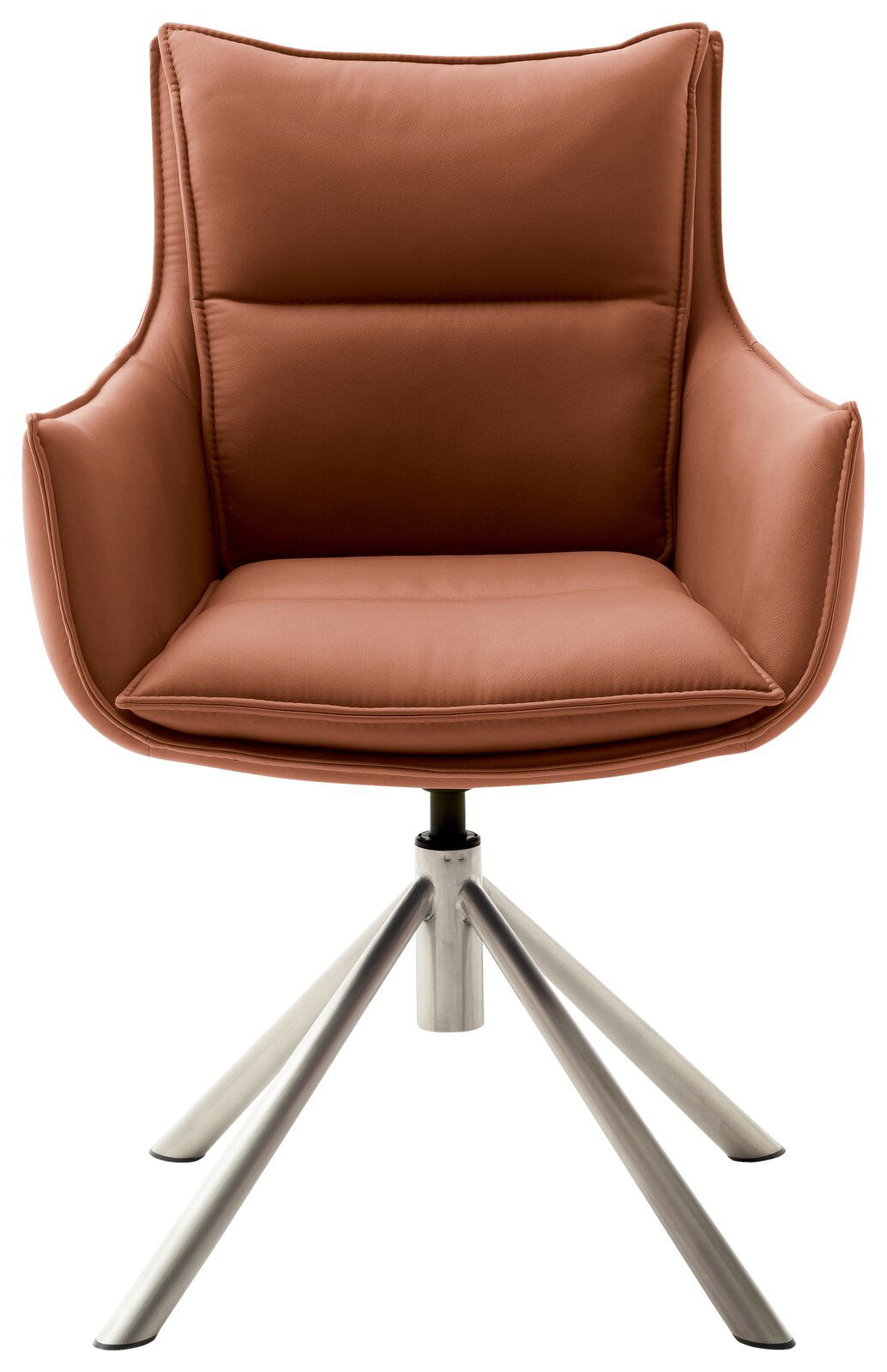 Moderner Sessel in rostbrauner Farbe mit gepolstertem Sitz und Rückenlehne, auf einem stabilen Metallgestell mit vier Beinen. Frontalansicht.